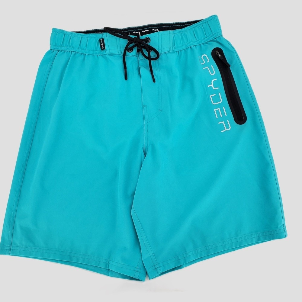 Spyder Mens Medium Swim Trunks Turquoise Zip Pocket Quick Dry Lined‎ Breathable